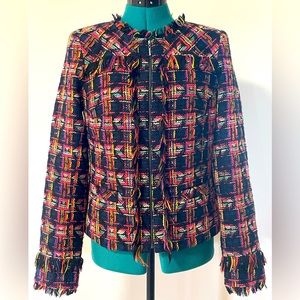 TRINA TURK Multicolor Fringe Cotton Blend Tweed Chanel Style Blazer Jacket